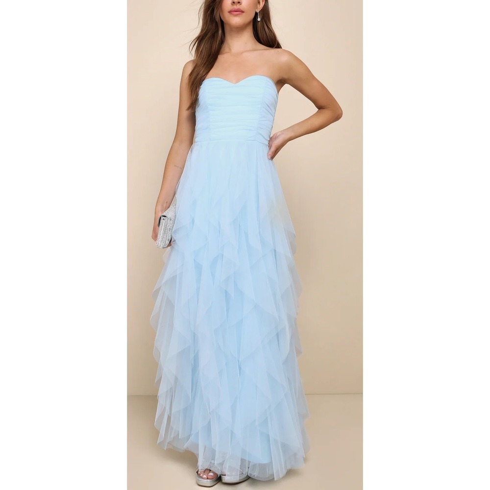 NWOT Lulus Delightful Beauty Blue Mesh Strapless Ruched Ruffled Maxi Dress Sz S